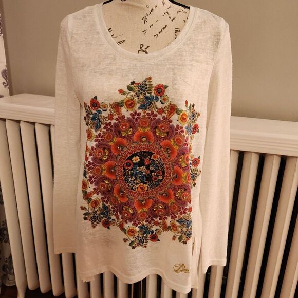 Desigual Prisca White L/S High Low Top, Colorful Mandala, Sheer Pleats, Sz 8 - Picture 3 of 13